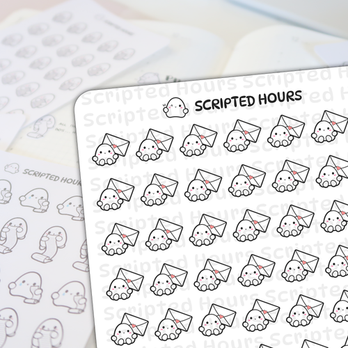 Scripted Hours digital stickers depicting rows of cute white ghost characters with pink cheeks holding envelopes with pink hearts, featuring the Scripted Hours logo with another ghost icon, and a blurred background of grayscale ghost stickers