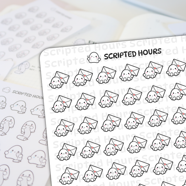 Scripted Hours digital stickers depicting rows of cute white ghost characters with pink cheeks holding envelopes with pink hearts, featuring the Scripted Hours logo with another ghost icon, and a blurred background of grayscale ghost stickers