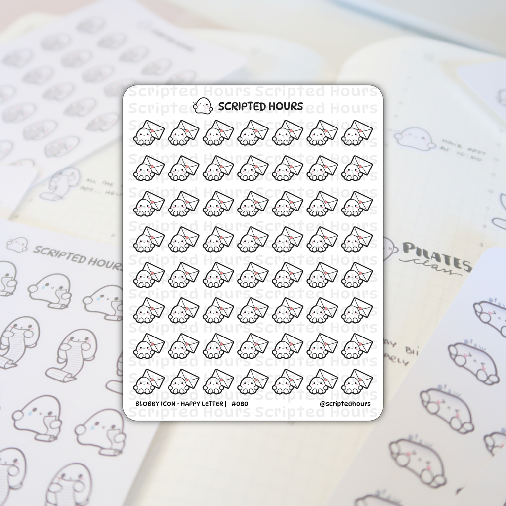 Sticker sheet by Scripted Hours displaying white blob icon happy letter stickers with rosy cheeks holding pink heart-sealed envelopes, presented on a planner page featuring the handwritten text 'PILATES class' and surrounded by blurred sheets of other blob character stickers including some holding scrolls