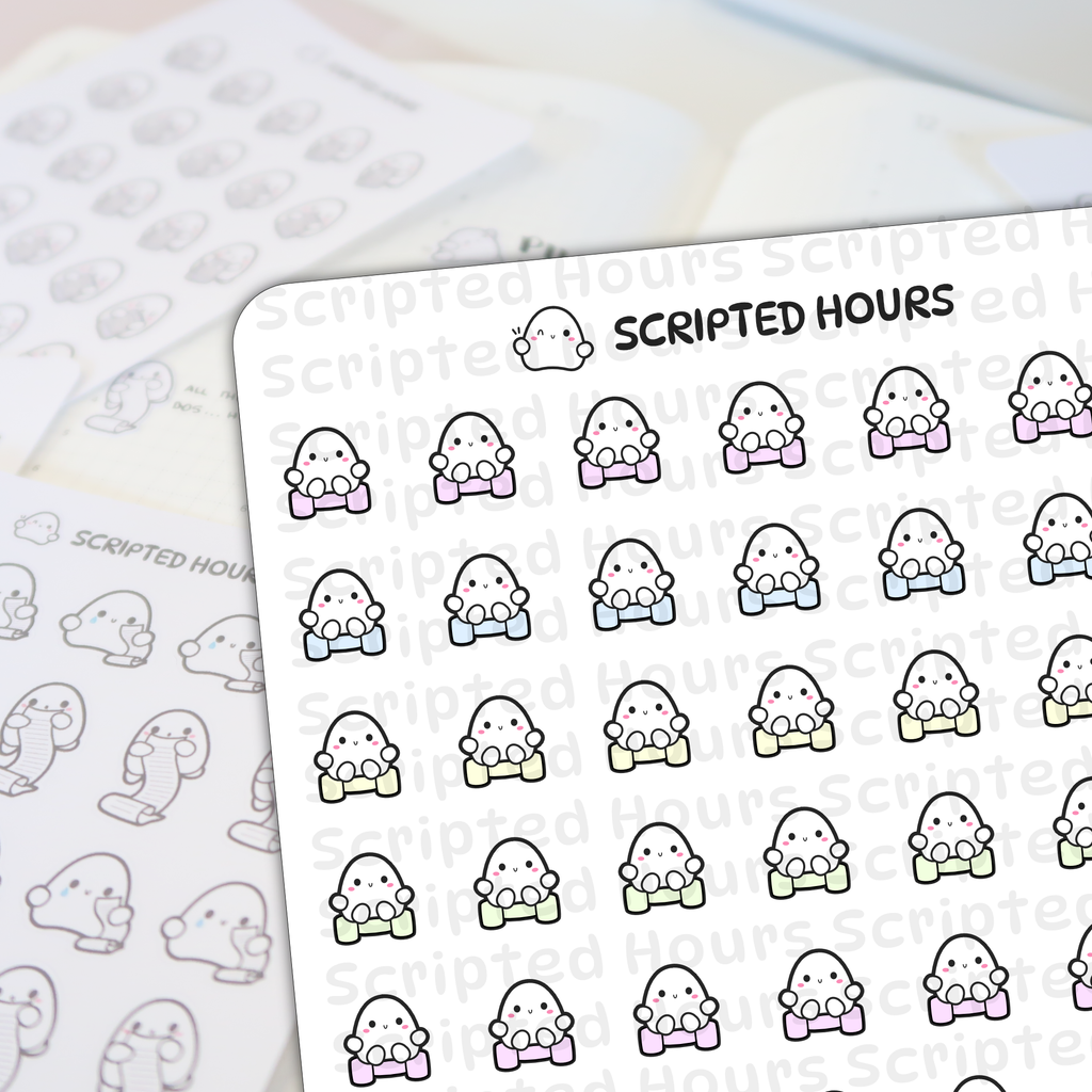 Scripted Hours printed stickers featuring cute white ghost characters holding pink blue yellow and green dumbbells on a planner page with other ghost list and crying stickers and a winking ghost logo