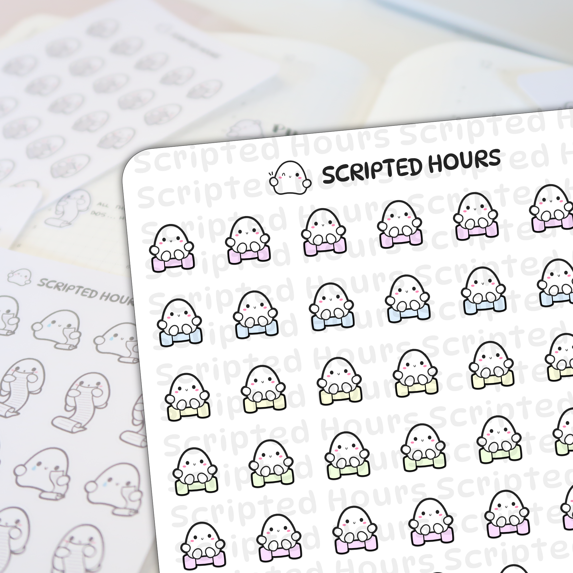 Scripted Hours printed stickers featuring cute white ghost characters holding pink blue yellow and green dumbbells on a planner page with other ghost list and crying stickers and a winking ghost logo