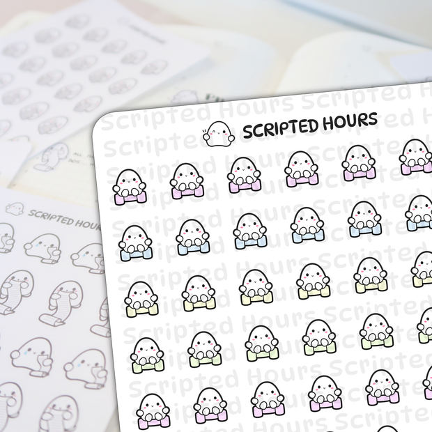 Scripted Hours printed stickers featuring cute white ghost characters holding pink blue yellow and green dumbbells on a planner page with other ghost list and crying stickers and a winking ghost logo