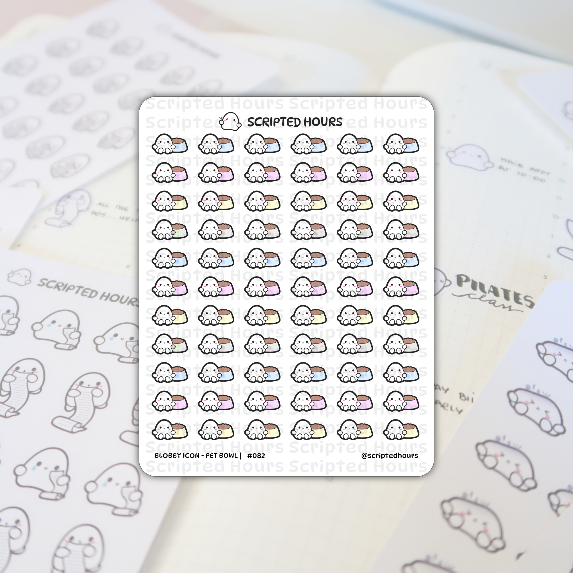 Scripted Hours sticker sheet titled Blobby Icon Pet Bowl displays rows of cute white blob characters happily sitting beside pet bowls in pastel blue, pink, and yellow containing brown food, all resting on an open planner with blurred text including PILATES class