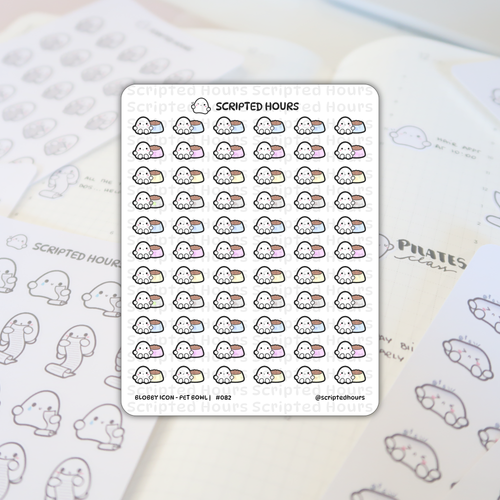 Scripted Hours sticker sheet titled Blobby Icon Pet Bowl displays rows of cute white blob characters happily sitting beside pet bowls in pastel blue, pink, and yellow containing brown food, all resting on an open planner with blurred text including PILATES class