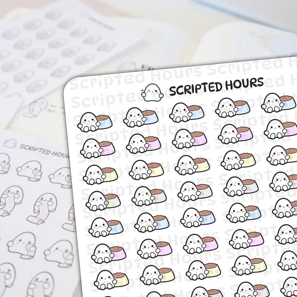 Digital stickers by Scripted Hours featuring cute ghost characters on a sticker sheet each holding a colorful pet food bowl in shades of blue pink yellow and gray with happy faces and a faint Scripted Hours logo watermark