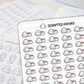 Digital stickers by Scripted Hours featuring cute ghost characters on a sticker sheet each holding a colorful pet food bowl in shades of blue pink yellow and gray with happy faces and a faint Scripted Hours logo watermark
