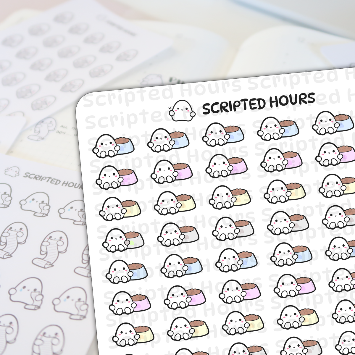 Digital stickers by Scripted Hours featuring cute ghost characters on a sticker sheet each holding a colorful pet food bowl in shades of blue pink yellow and gray with happy faces and a faint Scripted Hours logo watermark