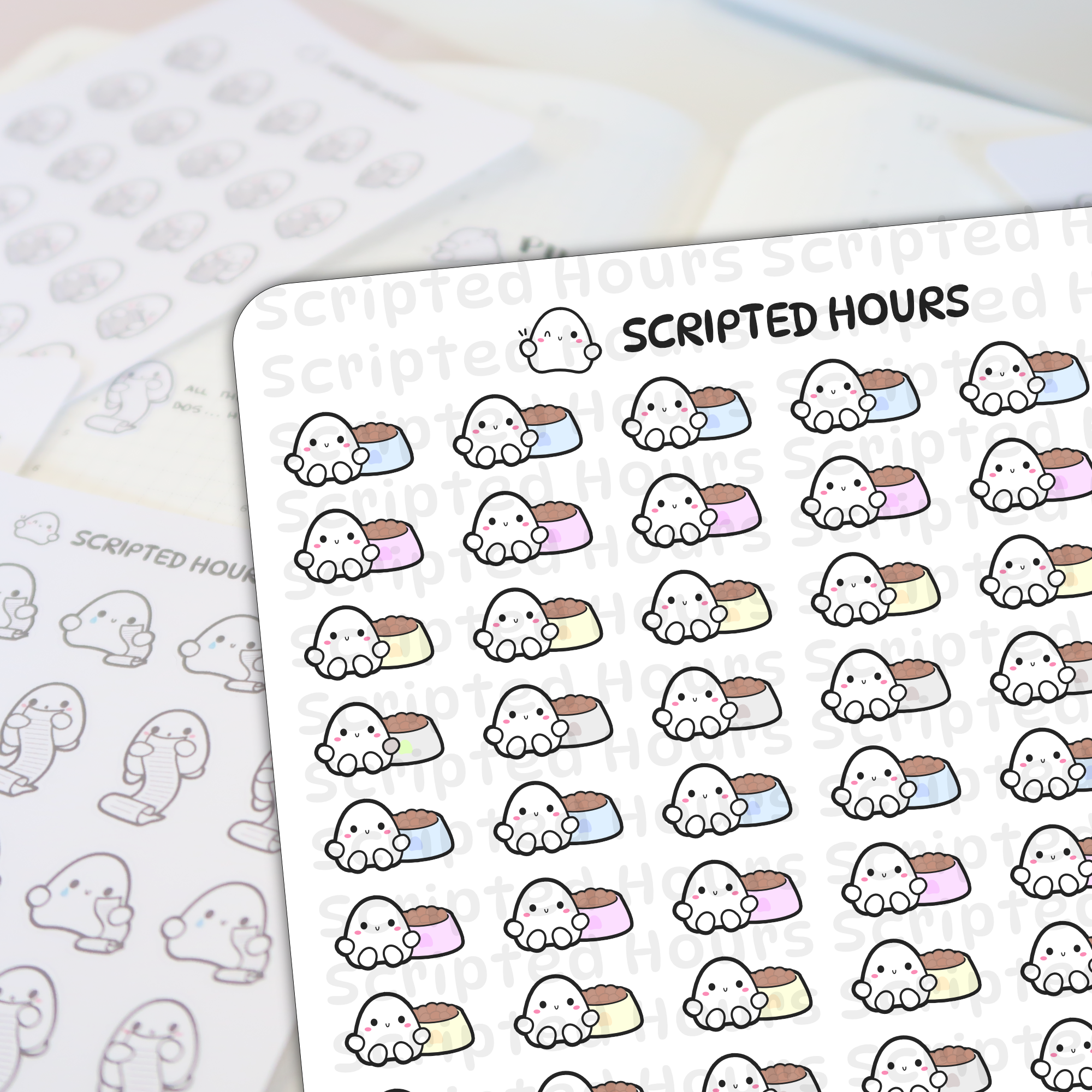 Digital stickers by Scripted Hours featuring cute ghost characters on a sticker sheet each holding a colorful pet food bowl in shades of blue pink yellow and gray with happy faces and a faint Scripted Hours logo watermark