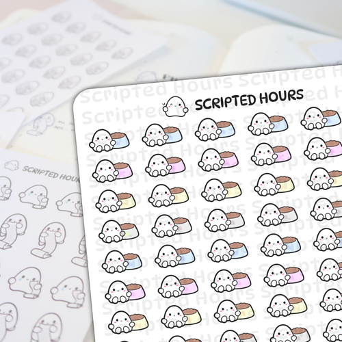 Digital stickers by Scripted Hours featuring cute ghost characters on a sticker sheet each holding a colorful pet food bowl in shades of blue pink yellow and gray with happy faces and a faint Scripted Hours logo watermark
