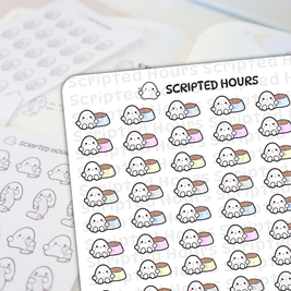 Digital stickers by Scripted Hours featuring cute ghost characters on a sticker sheet each holding a colorful pet food bowl in shades of blue pink yellow and gray with happy faces and a faint Scripted Hours logo watermark