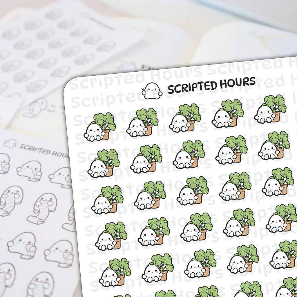 Scripted Hours die-cut sticker sheet displaying rows of cute white ghost characters with pink blush smiles peeking over vibrant green leafy plants in small brown pots, alongside a blurred background sheet of grayscale ghost doodles