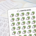 Scripted Hours die-cut sticker sheet displaying rows of cute white ghost characters with pink blush smiles peeking over vibrant green leafy plants in small brown pots, alongside a blurred background sheet of grayscale ghost doodles