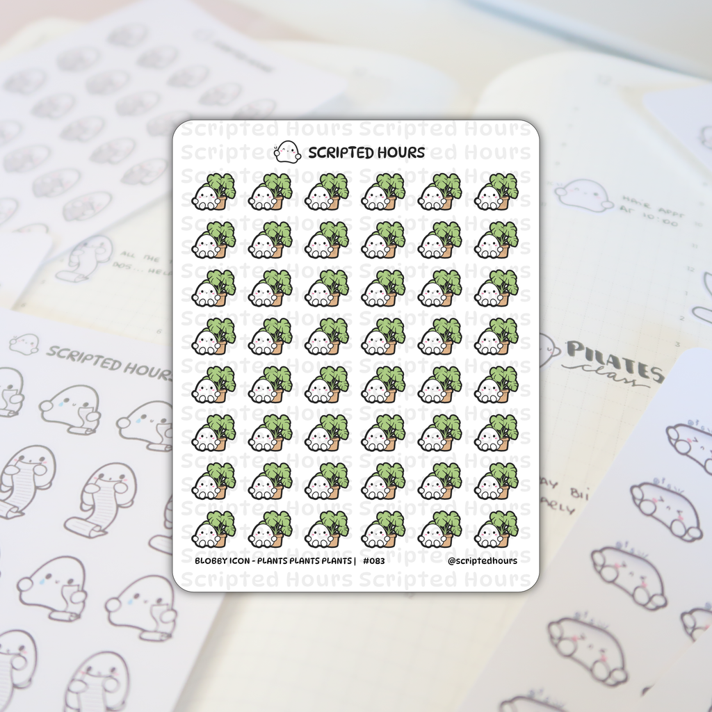 Scripted Hours vinyl stickers featuring rows of cute white Blobby characters with pink cheeks holding small brown potted green monstera plants, positioned on a planner page with other Blobby outline stickers and "Pilates class" text in the background