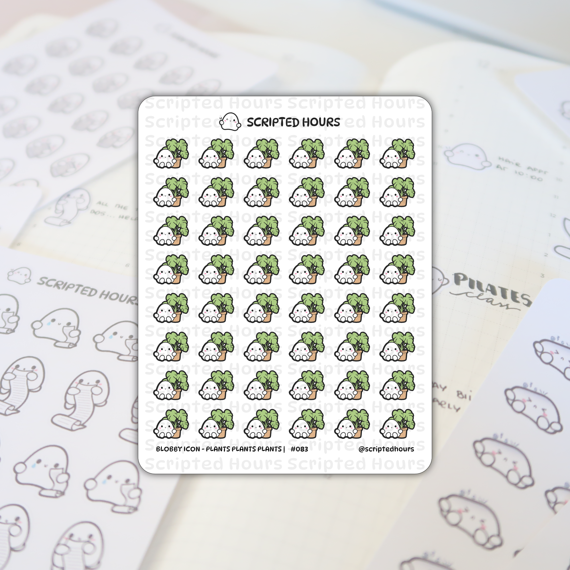 Scripted Hours vinyl stickers featuring rows of cute white Blobby characters with pink cheeks holding small brown potted green monstera plants, positioned on a planner page with other Blobby outline stickers and "Pilates class" text in the background