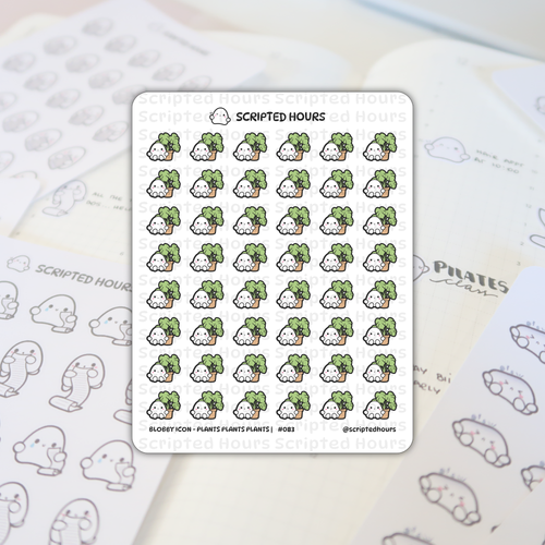 Scripted Hours vinyl stickers featuring rows of cute white Blobby characters with pink cheeks holding small brown potted green monstera plants, positioned on a planner page with other Blobby outline stickers and "Pilates class" text in the background