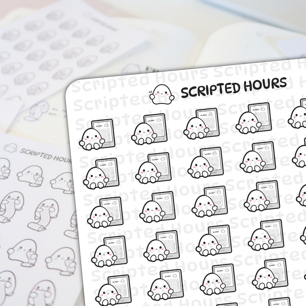 Digital illustration by Scripted Hours a flat lay of white planner sticker sheets featuring rows of cute blob characters with pink cheeks, some hugging gray tablets labeled 'BLOBBY reader' and others holding scrolls, with the brand name 'SCRIPTED HOURS' prominently displayed