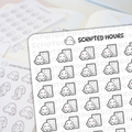 Digital illustration by Scripted Hours a flat lay of white planner sticker sheets featuring rows of cute blob characters with pink cheeks, some hugging gray tablets labeled 'BLOBBY reader' and others holding scrolls, with the brand name 'SCRIPTED HOURS' prominently displayed