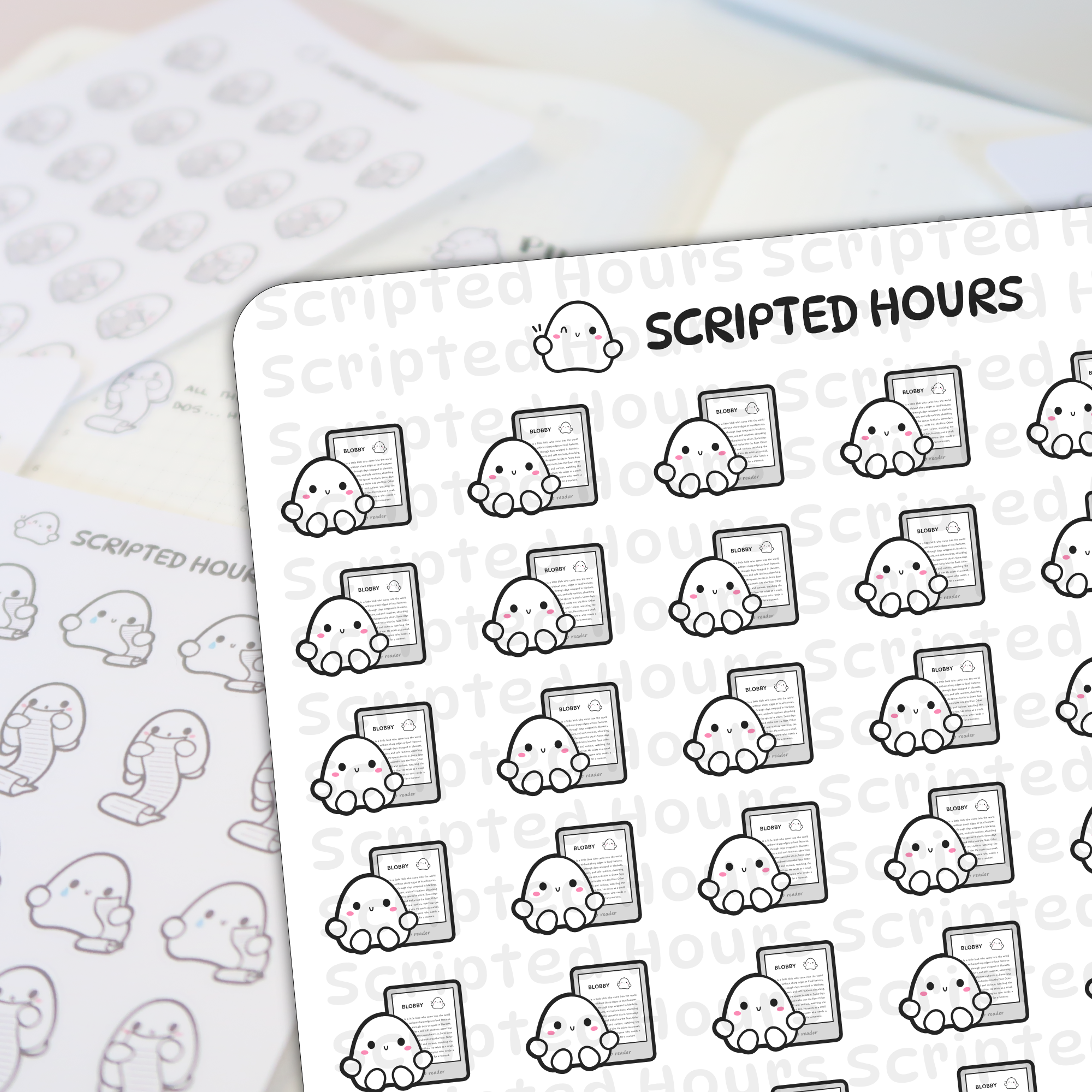 Digital illustration by Scripted Hours a flat lay of white planner sticker sheets featuring rows of cute blob characters with pink cheeks, some hugging gray tablets labeled 'BLOBBY reader' and others holding scrolls, with the brand name 'SCRIPTED HOURS' prominently displayed