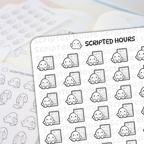 Digital illustration by Scripted Hours a flat lay of white planner sticker sheets featuring rows of cute blob characters with pink cheeks, some hugging gray tablets labeled 'BLOBBY reader' and others holding scrolls, with the brand name 'SCRIPTED HOURS' prominently displayed