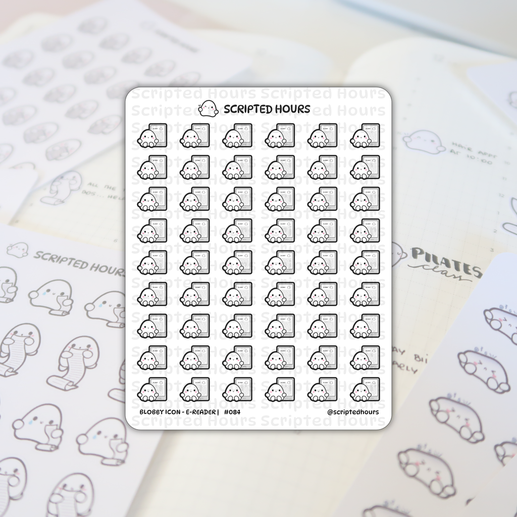 Scripted Hours sticker sheet features thirty identical white Blobby icon characters each holding a black e-reader, presented on an open planner with the brand's logo and blurry handwritten details like 'PILATES class' visible in the background