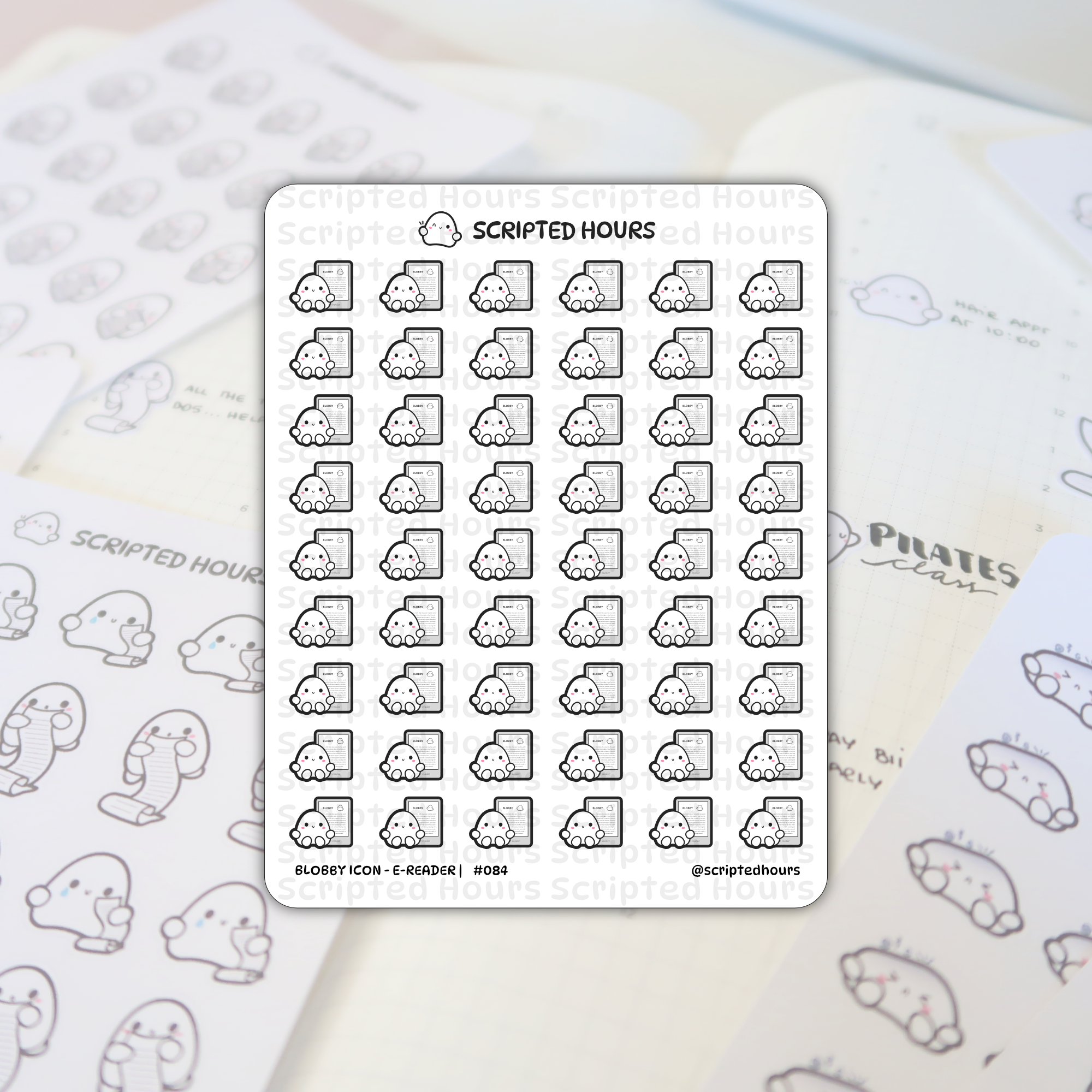 Scripted Hours sticker sheet features thirty identical white Blobby icon characters each holding a black e-reader, presented on an open planner with the brand's logo and blurry handwritten details like 'PILATES class' visible in the background