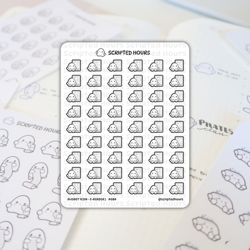 Scripted Hours sticker sheet features thirty identical white Blobby icon characters each holding a black e-reader, presented on an open planner with the brand's logo and blurry handwritten details like 'PILATES class' visible in the background