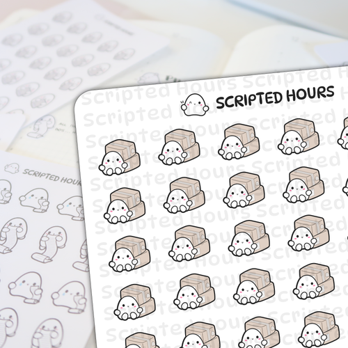 Scripted Hours brand stickers featuring cute white characters with pink blush cheeks, some peeking from stacked brown boxes and others holding long scrolls, on a white sticker sheet with a blurred planner background