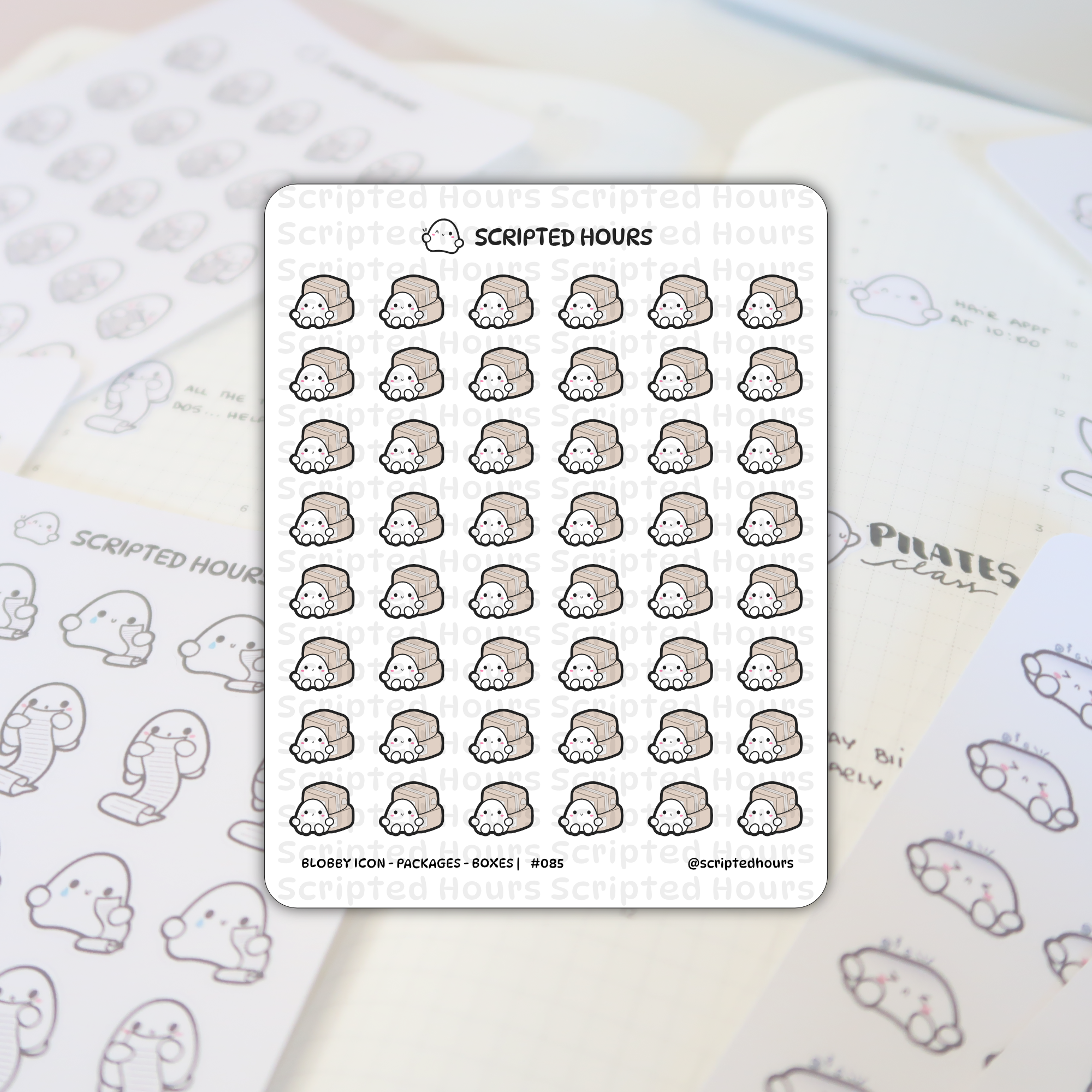 Scripted Hours die-cut planner stickers featuring white Blobby characters with pink cheeks peeking from brown packages, titled BLOBBY ICON - PACKAGES - BOXES #085, on a sheet over a blurred planner with 'Pilates class' written