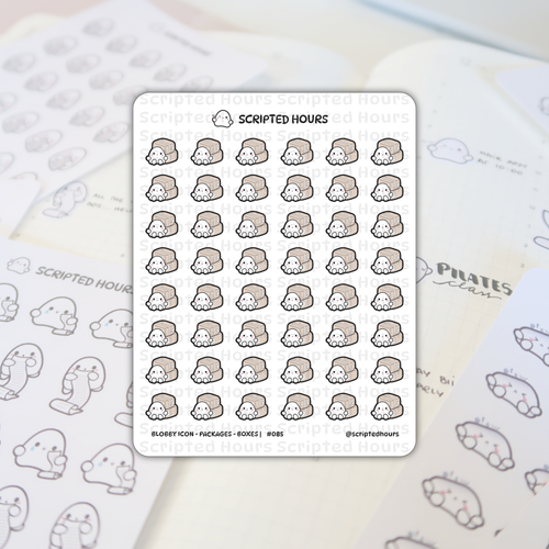 Scripted Hours die-cut planner stickers featuring white Blobby characters with pink cheeks peeking from brown packages, titled BLOBBY ICON - PACKAGES - BOXES #085, on a sheet over a blurred planner with 'Pilates class' written