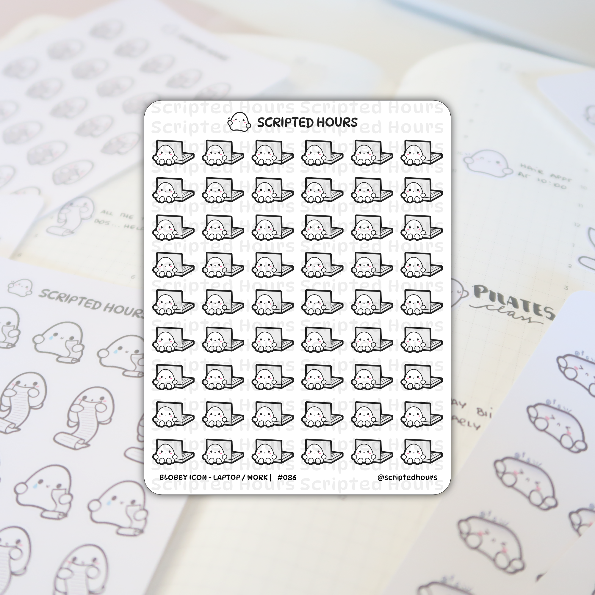Sticker sheet by Scripted Hours featuring rows of cute Blobby ghost-like characters with pink cheeks and smiling faces sitting in front of tiny open laptops, laid upon a light grey gridded planner with faint writing including PILATES class