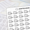 White sticker sheets featuring cute ghost-like characters with pink cheeks and smiles, some interacting with grey laptops and others holding scroll to-do lists, on a light background with a prominent Scripted Hours title