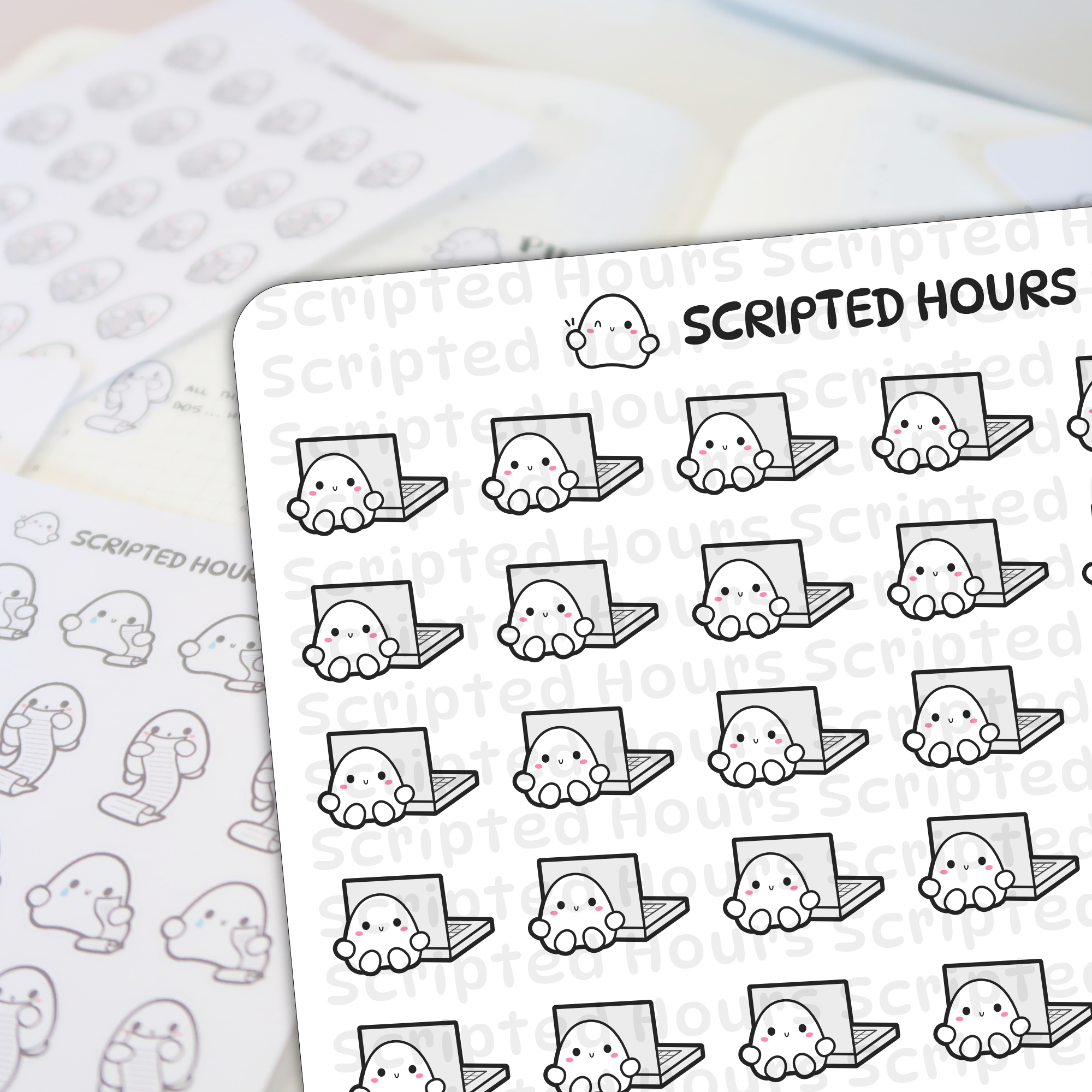 White sticker sheets featuring cute ghost-like characters with pink cheeks and smiles, some interacting with grey laptops and others holding scroll to-do lists, on a light background with a prominent Scripted Hours title