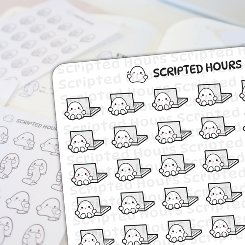 White sticker sheets featuring cute ghost-like characters with pink cheeks and smiles, some interacting with grey laptops and others holding scroll to-do lists, on a light background with a prominent Scripted Hours title
