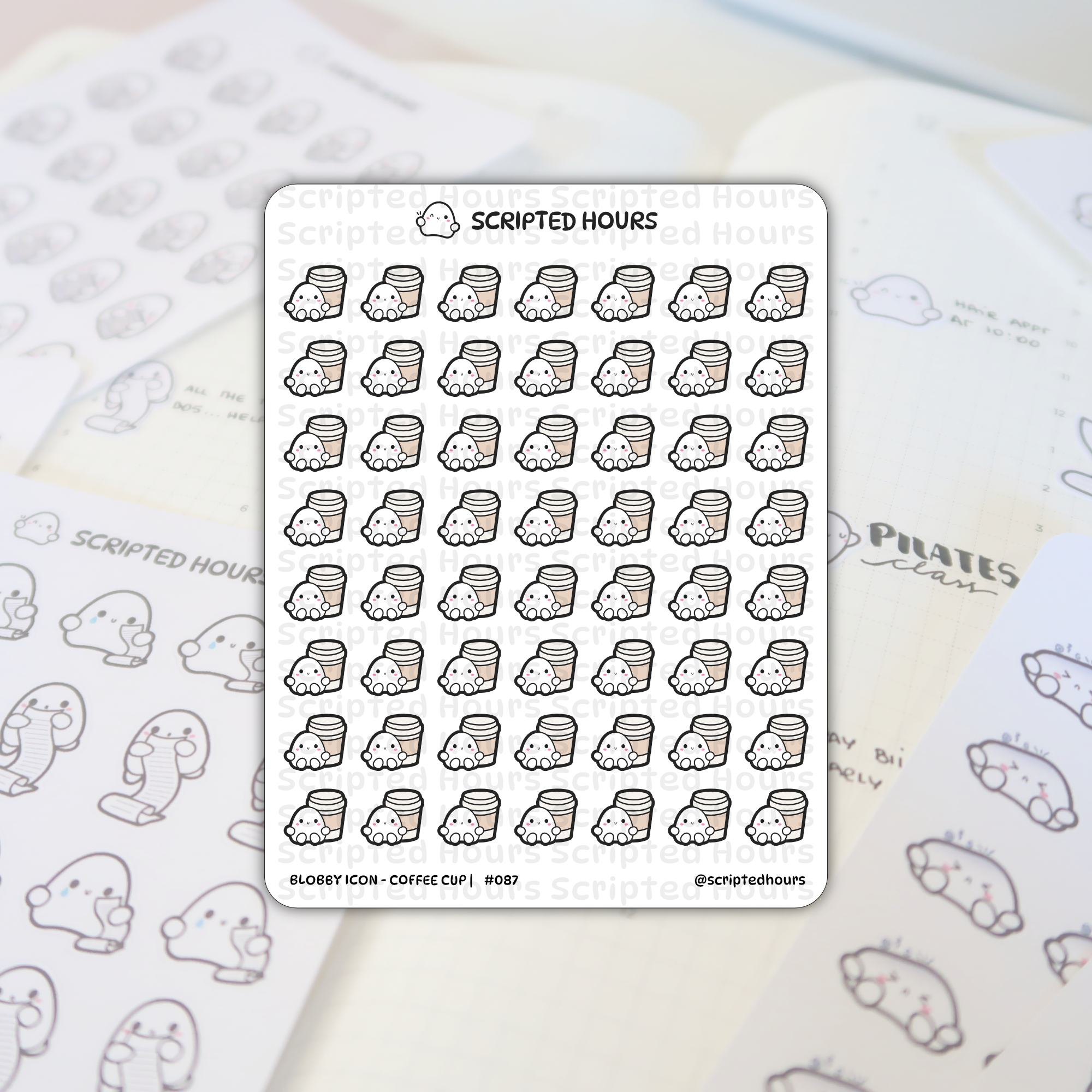 A Scripted Hours sticker sheet displays numerous cute white Blobby Icon characters with pink cheeks peeking from behind light brown coffee cups, positioned on a planner page partially revealing "PILATES class" and other blob stickers holding scrolls