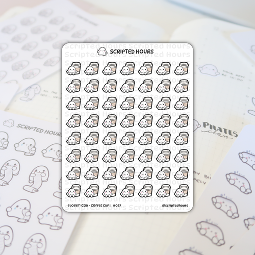 A Scripted Hours sticker sheet displays numerous cute white Blobby Icon characters with pink cheeks peeking from behind light brown coffee cups, positioned on a planner page partially revealing "PILATES class" and other blob stickers holding scrolls