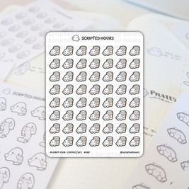 A Scripted Hours sticker sheet displays numerous cute white Blobby Icon characters with pink cheeks peeking from behind light brown coffee cups, positioned on a planner page partially revealing 