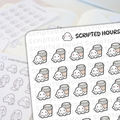 Scripted Hours planner stickers featuring cute white ghost characters with pink blush cheeks cuddling light brown coffee cups arranged on a sheet with a blurred background of ghosts holding scrolls