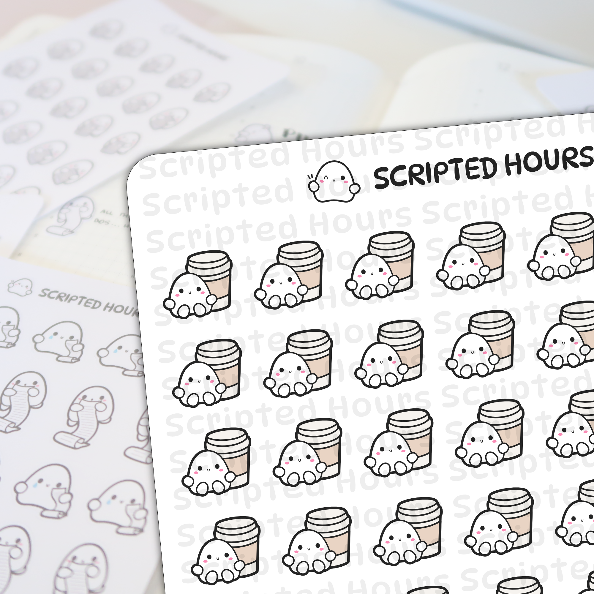 Scripted Hours planner stickers featuring cute white ghost characters with pink blush cheeks cuddling light brown coffee cups arranged on a sheet with a blurred background of ghosts holding scrolls