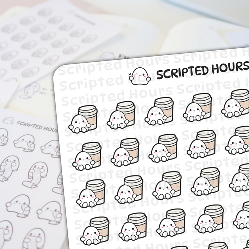 Scripted Hours planner stickers featuring cute white ghost characters with pink blush cheeks cuddling light brown coffee cups arranged on a sheet with a blurred background of ghosts holding scrolls