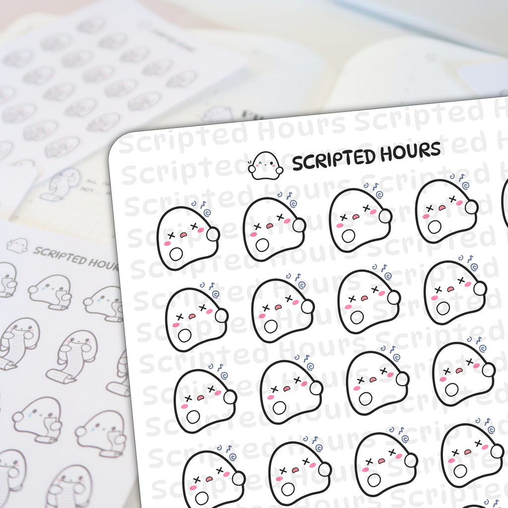 Scripted Hours printed stickers featuring multiple white ghost characters on two sheets one prominently displaying tired ghosts with pink cheeks X-eyes and blue dizzy swirls and another in the background showing ghosts holding long checklists