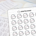 Scripted Hours printed stickers featuring multiple white ghost characters on two sheets one prominently displaying tired ghosts with pink cheeks X-eyes and blue dizzy swirls and another in the background showing ghosts holding long checklists