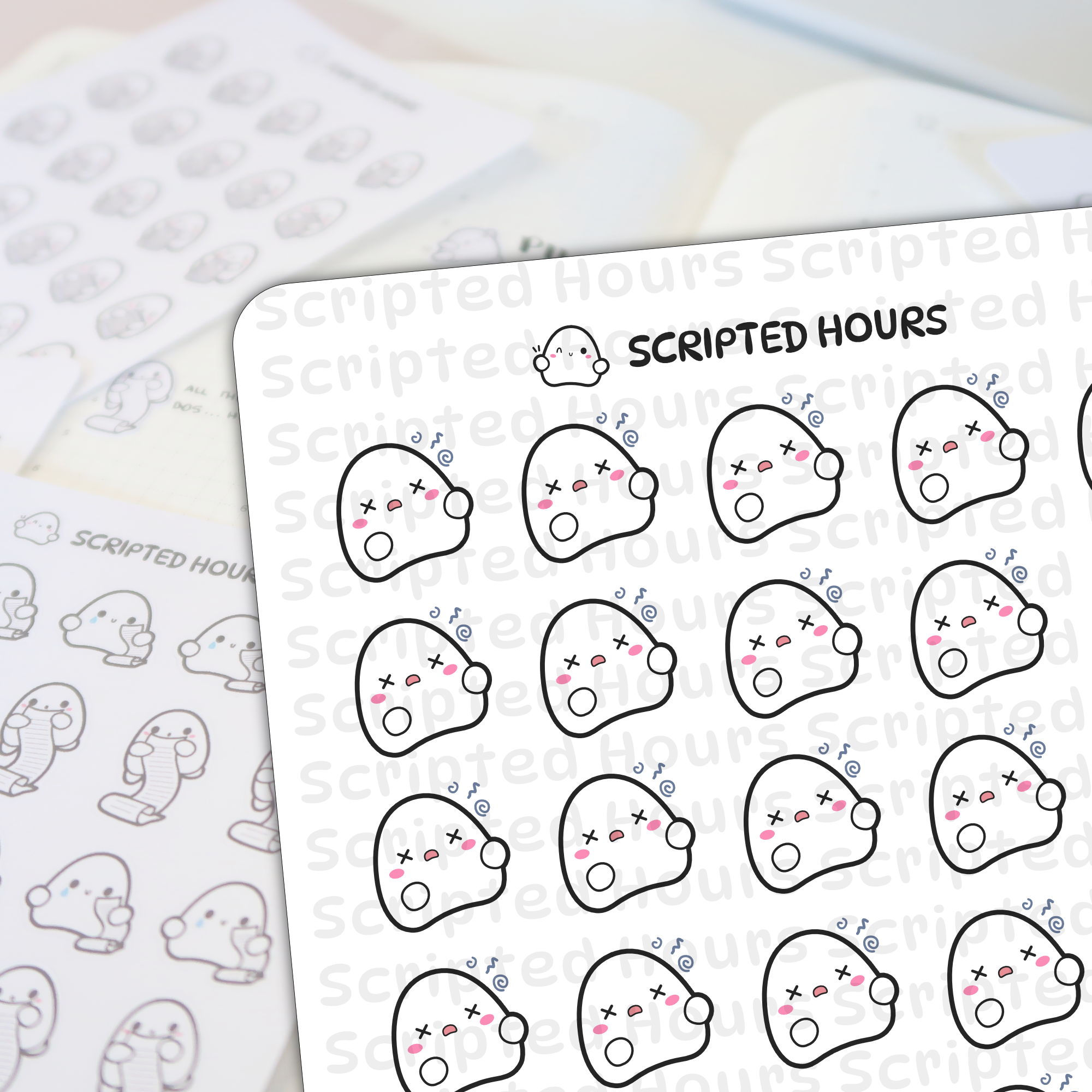 Scripted Hours printed stickers featuring multiple white ghost characters on two sheets one prominently displaying tired ghosts with pink cheeks X-eyes and blue dizzy swirls and another in the background showing ghosts holding long checklists