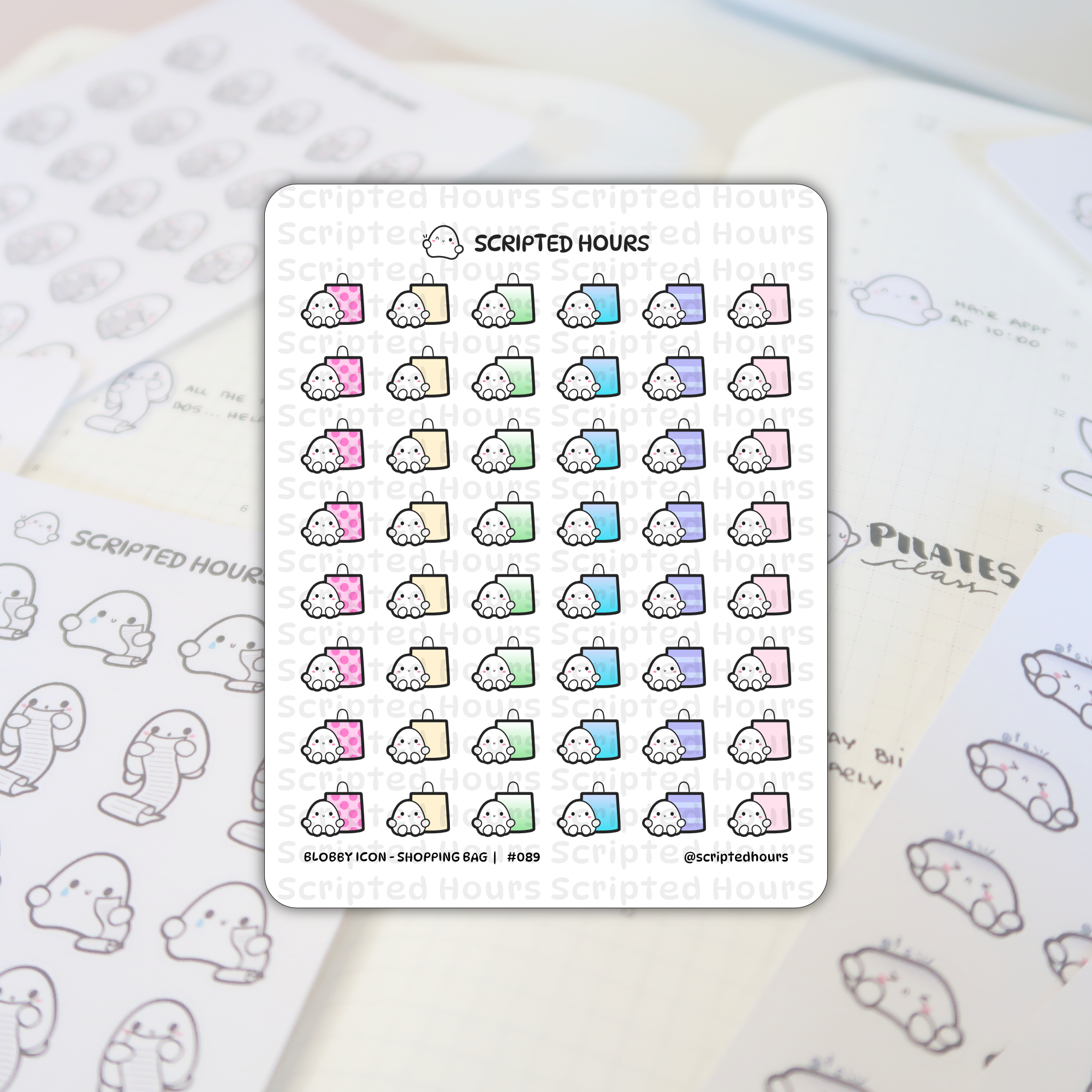Scripted Hours die-cut planner stickers featuring happy white blob characters holding colorful shopping bags in pink polka dot, blue gradient, and striped purple designs, arranged on a white planner background with other themed stickers