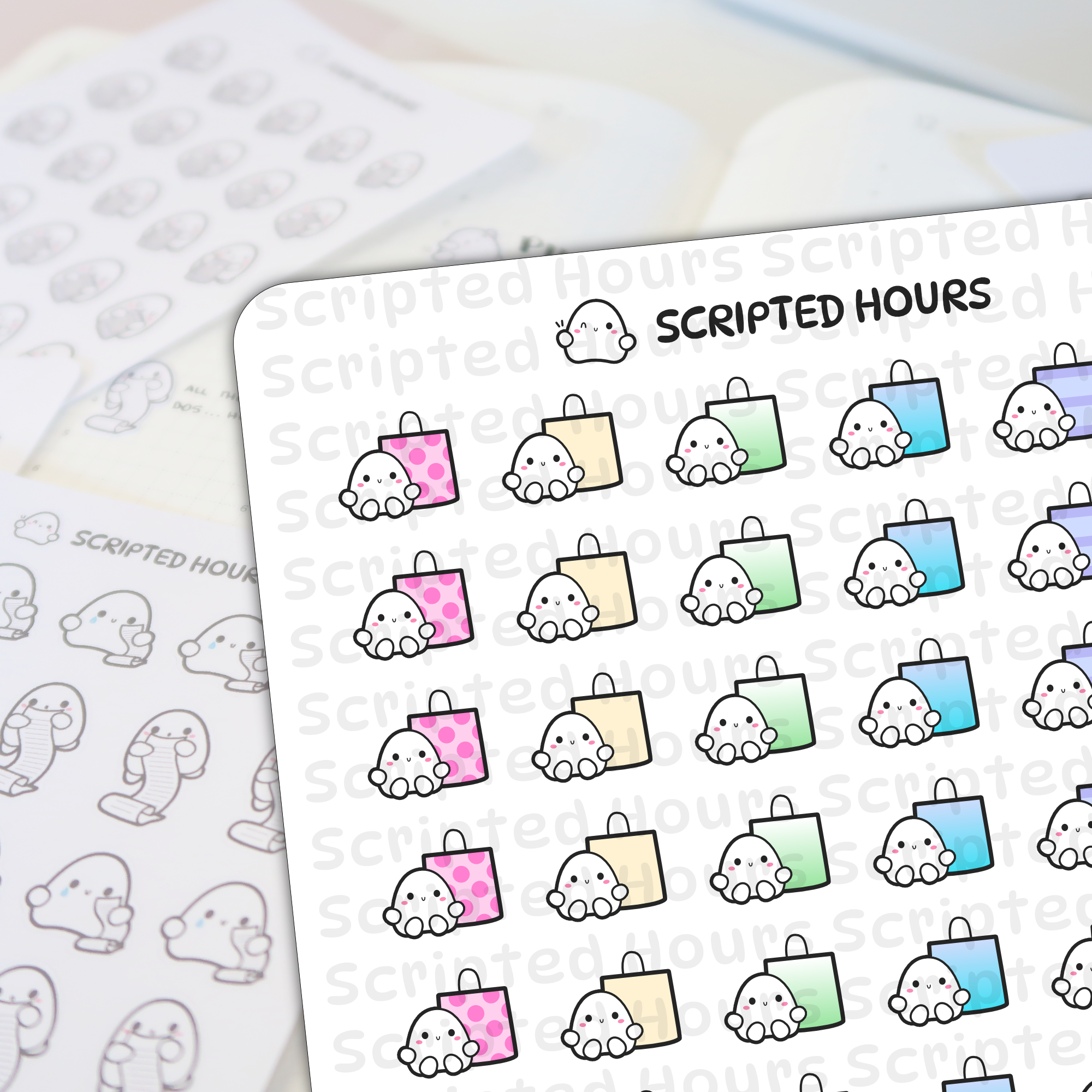 Die-cut vinyl stickers by Scripted Hours featuring cute white ghost characters on planner sheets with colorful shopping bags in pink polka dot beige green and blue and other ghosts holding scrolls