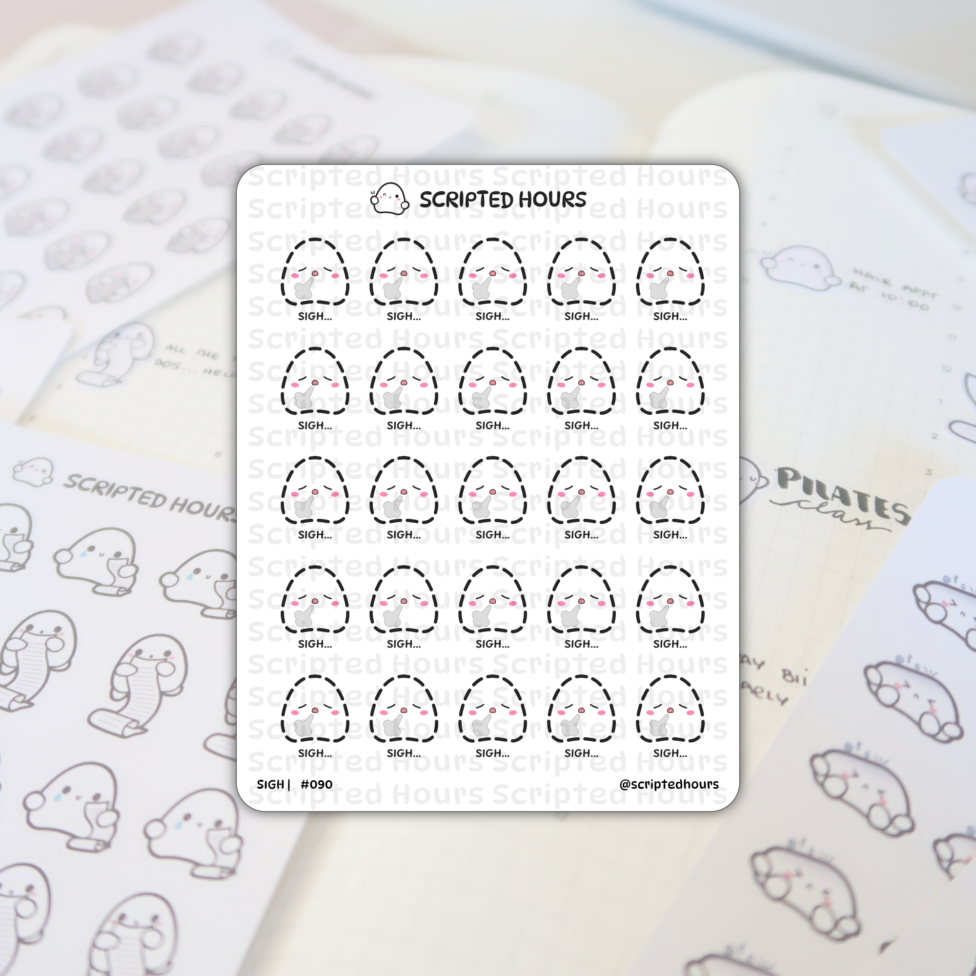 Scripted Hours sticker sheet with rows of white dashed-outline egg-shaped SIGH stickers featuring pink cheeks and grey thought bubbles, displayed on a light gray planner next to blurred ghost-shaped stickers and PILATES class lettering
