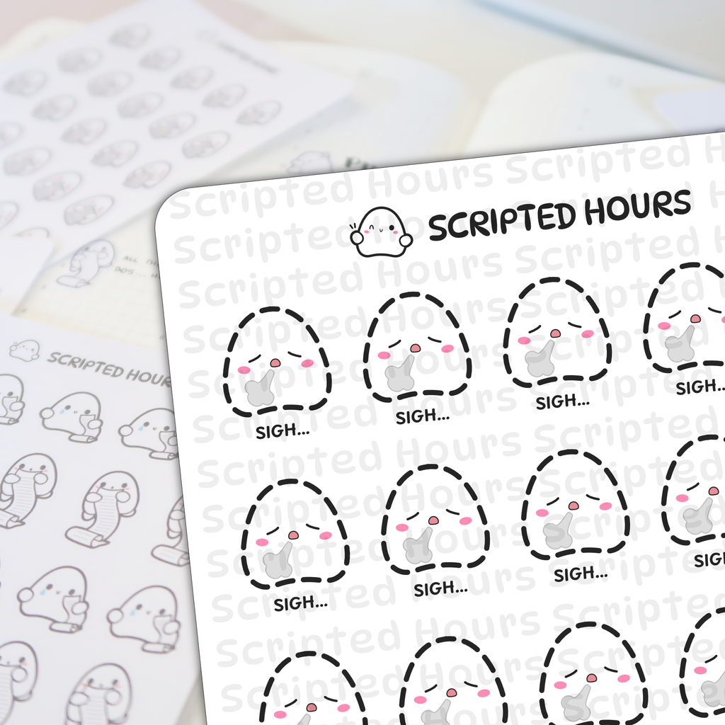 Scripted Hours digital illustration stickers show two sheets of cute ghost characters, one featuring sad ghosts with pink cheeks exhaling grey clouds and 'SIGH...' text with dashed cut lines, the other in the background showing smiling ghosts holding long to-do lists