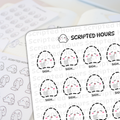 Scripted Hours digital illustration stickers show two sheets of cute ghost characters, one featuring sad ghosts with pink cheeks exhaling grey clouds and 'SIGH...' text with dashed cut lines, the other in the background showing smiling ghosts holding long to-do lists