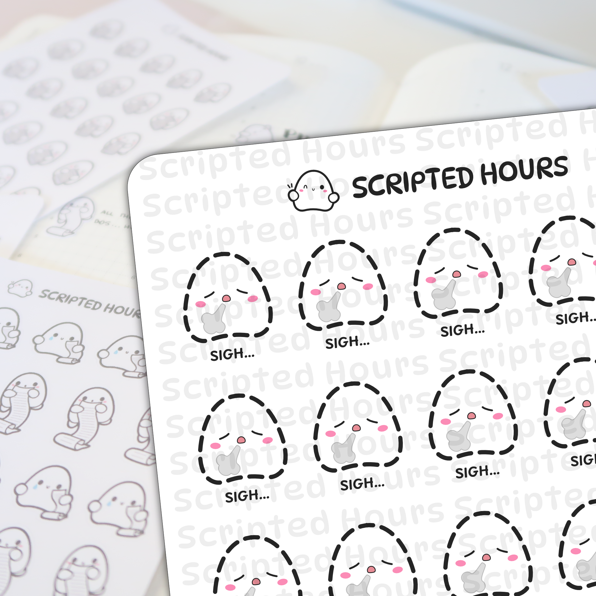 Scripted Hours digital illustration stickers show two sheets of cute ghost characters, one featuring sad ghosts with pink cheeks exhaling grey clouds and 'SIGH...' text with dashed cut lines, the other in the background showing smiling ghosts holding long to-do lists