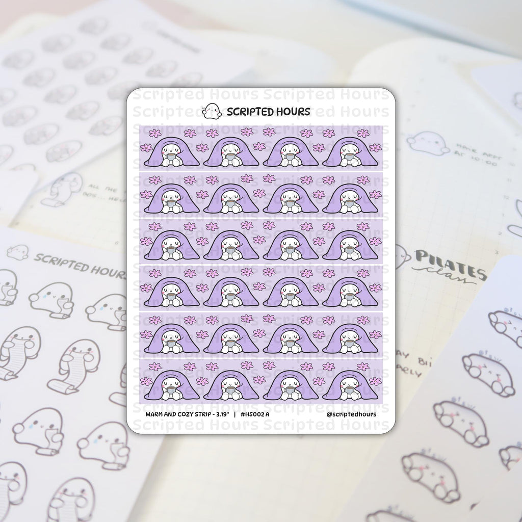Scripted Hours sticker sheet displays a 'Warm and Cozy Strip' of cute ghost-like characters nestled under lavender blankets with tiny coffee cups and pink flower accents, layered over a blurry planner page showing grayscale ghost stickers and ‘PILATES class’ text