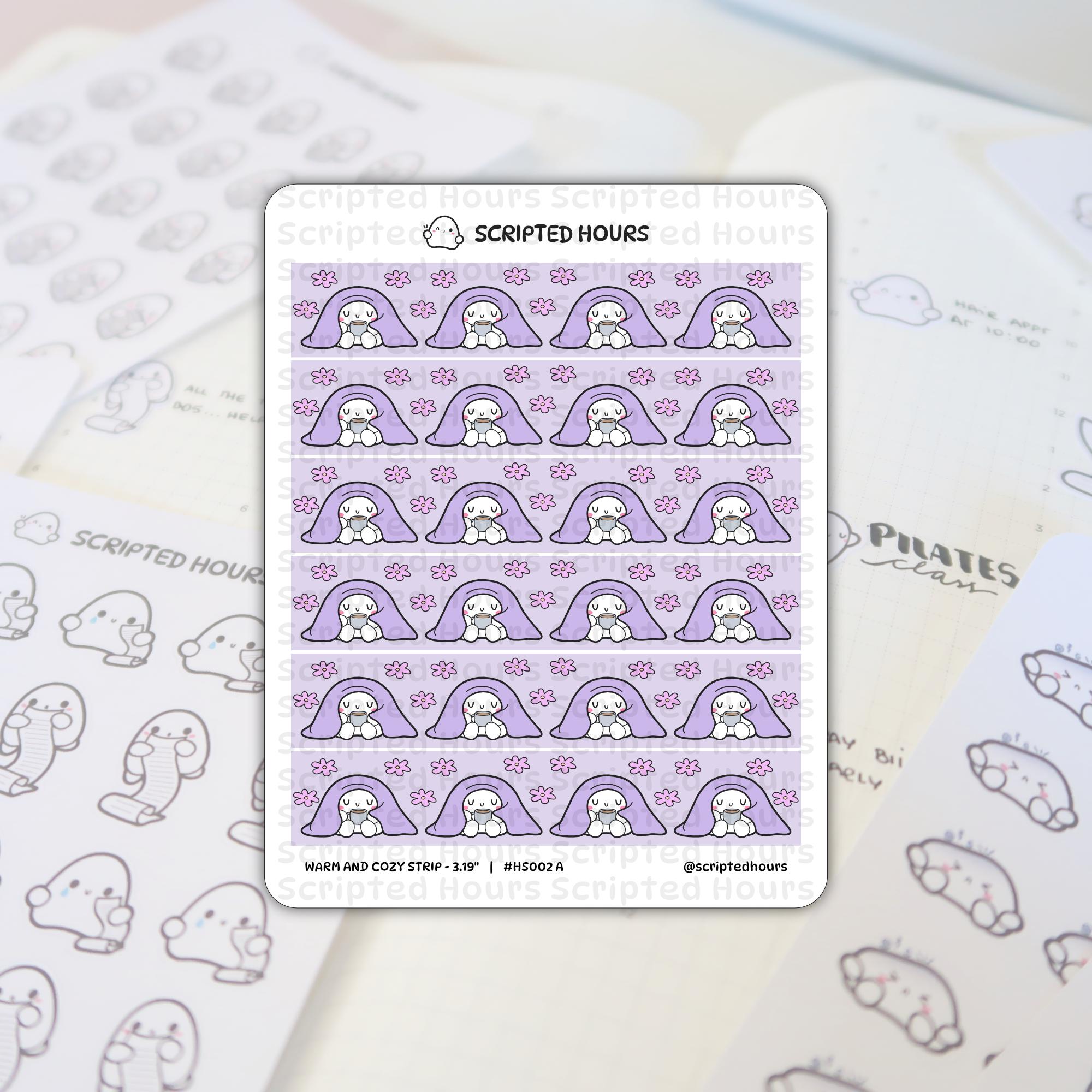 Scripted Hours sticker sheet displays a 'Warm and Cozy Strip' of cute ghost-like characters nestled under lavender blankets with tiny coffee cups and pink flower accents, layered over a blurry planner page showing grayscale ghost stickers and ‘PILATES class’ text